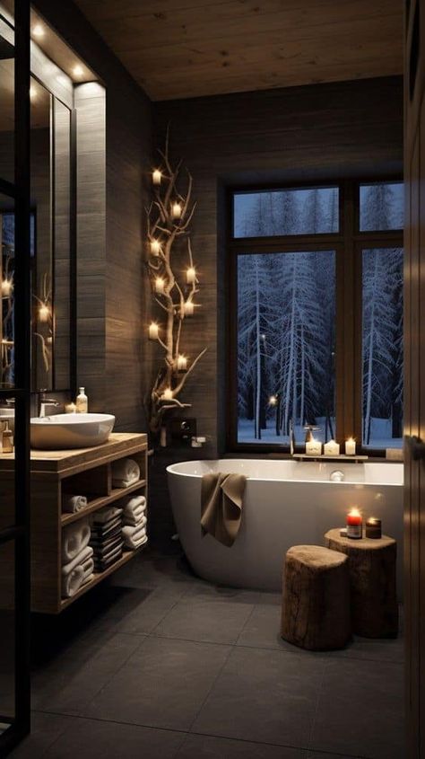 Elegant Cabin Decor Interiors, Rustic Spa Decor, Spa Bathroom At Home, Moody Spa Bathroom, Modern Mountain Bathroom, Spa Bathroom Ideas Master Bath Decor, Relaxing Room Ideas Zen, Mountain Bathroom Ideas, Bathroom Zen Style