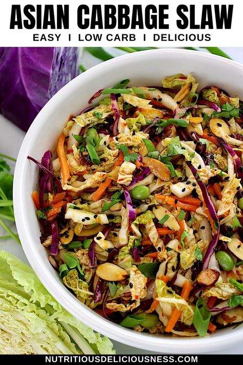 This beautiful Asian Cabbage Slaw is made with crisp cabbage and carrots, crunchy toasted almonds, and tender edamame. It's tossed in a homemade savory dressing loaded with Asian flavors. Slaw Side Dish, Asian Coleslaw Salad, Asian Slaw Dressing, Asian Cabbage Slaw, Traditional Coleslaw Recipe, Asian Cabbage, Asian Coleslaw, Cabbage And Carrots, Food To Share