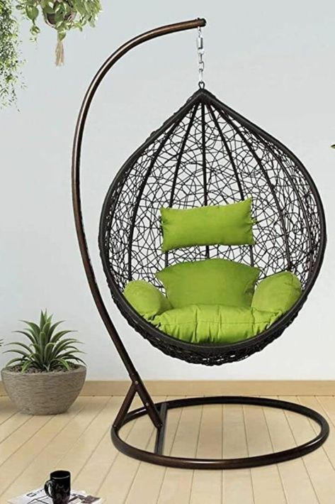 Wrought Iron Single Seater Swing Chair With Stand For Adults | Garden & Outdoor Hammock Swing With Cushions For Kids | Teardrop Swing Hanging Chair with Curve Stand | Jhula | Balcony/Patio/Indoor/Porch/Yard/Outdoor Furniture It Comes With A Soft Deep Fluffy Cushion, Perfect For You To Snuggle In On A Warm And Sunny Day, With A Book And A Cold Coffee User Indoor Or Outdoors - It Is Sturdy & Safe For You To Sit In, And It Will Be A Great Addition To Your Indoor Or Outdoor Furniture Hanging Jhula In Balcony, Jhula In Garden, Balcony Jhula, Jhula In Balcony, Swings In Balcony, Jhula In Living Room, Swing Chair Bedroom, Balcony Swing, Indoor Porch