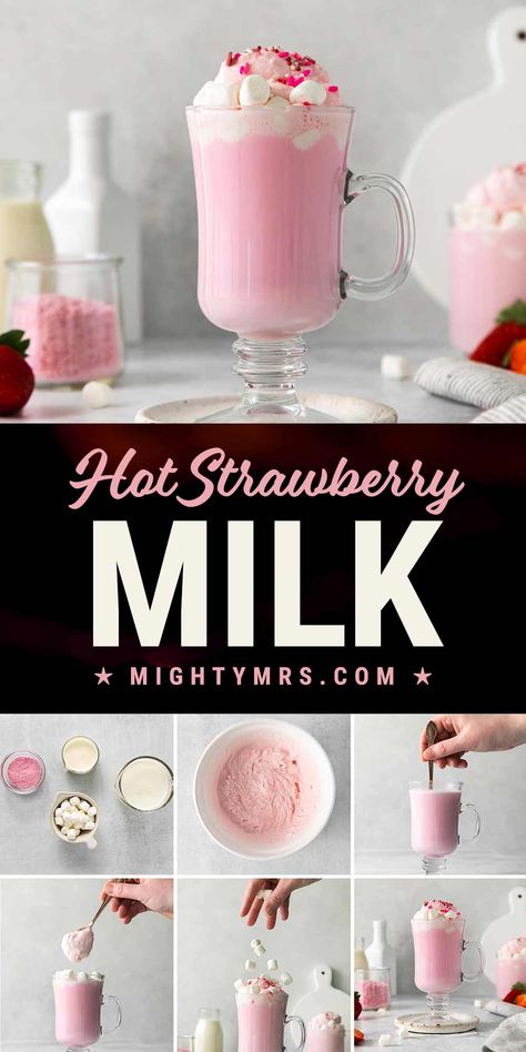 Hot Strawberry Milk Strawberry Whipped Cream, Strawberry Drinks, Drink Recipes Nonalcoholic, Delicious Drink Recipes, Juice Fast, Holiday Recipes Christmas, Brunch Cocktails, Valentine's Day Recipes, Winter Drinks