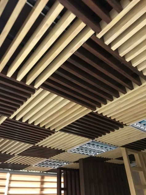 Baffle Ceiling Design, Modern Wardrobe Ideas, Diy Wood Ceiling, Modern Wooden Ceiling Design, Modern Wooden Ceiling, Acoustic Wood Panels, Baffle Ceiling, Ceiling Remodel, Beam Ceilings