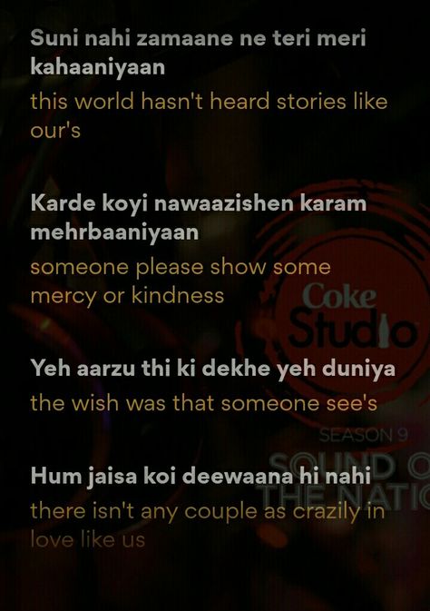 Baatein teri karte hue Thak ke so jaati hoon sirhaane aasmaan Jaane kahaan mud jaati hain Dekhte dekhte tujhe yeh galiyaan Teri tarah khushbu chale Taare hamaari tarah raaton se mile Suni nahi zamaane ne teri meri kahaniya..  -Tera Woh Pyar (Nawazishein Karam) Momina Mustehsan, Asim Azhar coke studio Tera Woh Pyar Coke Studio, Tu Jhoom Coke Studio Lyrics, Lyrics Deep, Momina Mustehsan, Asim Azhar, Filmy Quotes, Song Captions, Coke Studio, Meaningful Lyrics