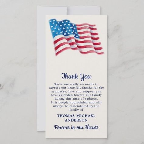 Patriotic American Flag Military Veteran Funeral Thank You Card USA American Flag Memorial Patriotic Funeral Thank You Card. This military funeral thank you card features a United States of America Flag in a modern red white blue watercolor design. Personalize this american flag thank you card with your personal message and name on the back. This American Flag patriotic funeral thank you card will be a treasured keepsake. Perfect for a military funeral, and veteran memorial service or.. Patriotic Thank You Cards, United States Of America Flag, Military Retirement Gift, Custom Plaques, Veterans Memorial, America Flag, Military Veterans, Memorial Service, Memorial Keepsakes