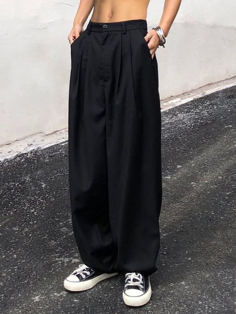 Black Casual Collar Woven Fabric Plain Straight Leg Embellished Non-Stretch Men Clothing Black Wide Leg Trousers Outfit, Wide Leg Trousers Outfit, Trouser Outfit, Black Wide Leg Trousers, Wide Trousers, Mens Pants Fashion, Streetwear Men Outfits, Pantalon Large, Mode Vintage