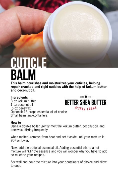 Cuticle Balm Recipe, Herbal Skincare Recipes, Heal Cuticles, Cuticle Butter, Balm Recipe, Săpunuri Handmade, Skin Care Ingredients, Homemade Body Butter, Natural Skin Care Ingredients