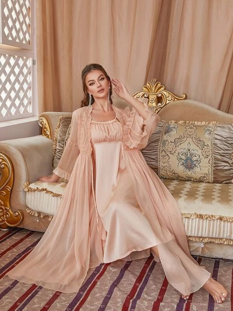 Contrast Lace Flounce Sleeve Chiffon Robe & Ruched Bust Cami Dress PJ Set | SHEIN USA Elegant Pyjamas, Nightgown And Robe, Satin Design, Bridal Nightwear, Satin Cami Dress, Peignoir Sets, Dress Sets, Blazer Jackets For Women, Pajama Dress