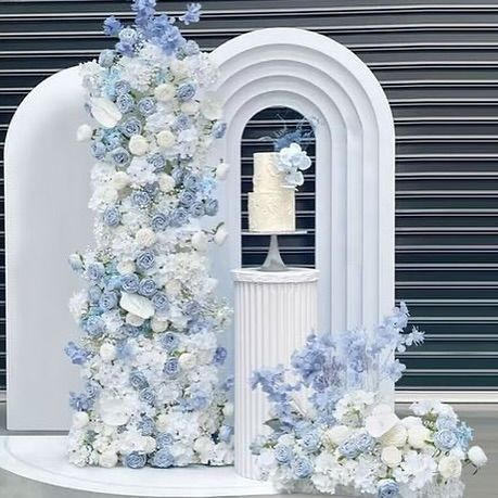 Wedding Decorations Flowers Backdrops, Light Blue Sweet 16 Centerpieces, Blue Photobooth Backdrop, Blue And White Bridal Shower Backdrop, Greyish Blue Wedding Theme, Blue And White Photo Backdrop, Something Blue Backdrop, Blue Flowers Baby Shower Theme, Engagement Party Blue And White