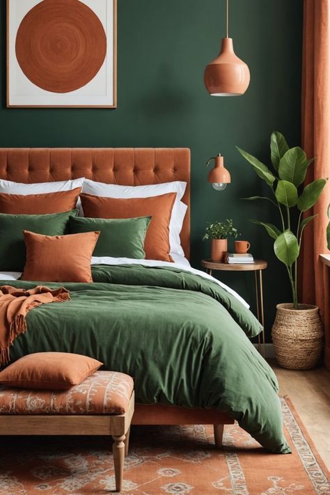 Earthy Color Bedroom Ideas, Emerald Green And Terracotta Bedroom, Green Peach Bedroom, Bed Color Combinations, Color Combinations Bedroom, Photographer Room, Burnt Orange Bedroom, Ranch Bedroom, Mom Room