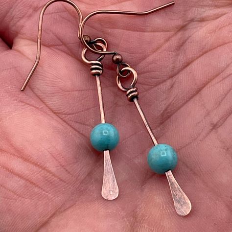 "Welcome to our Bohemian Handmade Copper and Blue Turquoise Dangle Earrings, perfect for adding a touch of free-spirited charm to any outfit. These earrings are not just accessories; they're expressions of individuality and style, making them an ideal gift for girlfriends, sisters, or anyone who loves boho summer festival jewelry. Each earring is meticulously crafted with care and attention to detail, featuring genuine blue turquoise stones set in beautiful copper accents. The combination of these earthy elements creates a mesmerizing contrast that captures the essence of bohemian aesthetics. These dangle earrings are lightweight and comfortable to wear, making them suitable for all-day wear during summer festivals or casual outings. They also make a thoughtful minimalist gift for her, sym Jewelry Techniques Earrings, Turquoise And Silver Earrings, Boho Handmade Jewelry, Copper Earrings Handmade Ideas, How To Make Wire Earrings, Jewelry Making Ideas Earrings, Wire Earrings With Beads, Boho Earrings Hippie Bohemian, Bead Earrings Ideas