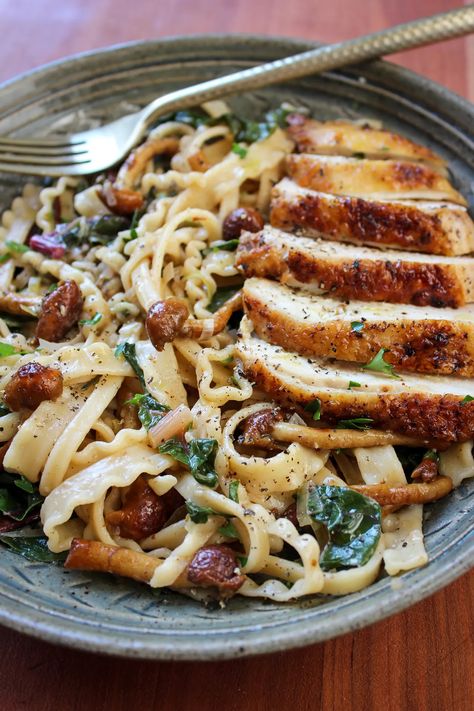 Swiss Chard and Mushroom Pasta - Kristen Faith Eats Swiss Chard And Mushroom Recipes, Swiss Chard And Mushrooms, Swiss Chard Pasta, Chanterelle Mushroom Pasta Recipes, Ground Beef Swiss Chard, Sautéed Swiss Chard, Swiss Chard Recipes, Seared Chicken Breast, Green Garlic