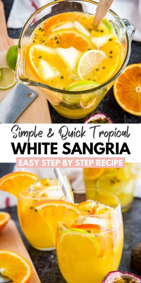 This Tropical White Wine Sangria is the perfect drink for any occasion! Fruity, bubbly and so delicious, this easy, crowd-pleasing summer sangria recipe with white wine, pineapple, and passionfruit is super refreshing and comes together in minutes. Passion Fruit Sangria, Passionfruit Sangria, Recipe With White Wine, Lemon Sangria, Wine Sangria Recipe, Summer Sangria Recipes, White Wine Sangria Recipe, White Wine Recipes, Diy Alcohol