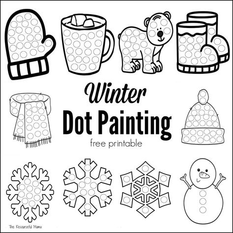 These winter dot painting printables are a great low mess no prep activity for kids this winter. Great boredom buster for kids, toddlers, preschoolers. Do a Dot Markres and bingo daubers work great with these worksheets Boredom Busters For Kids, Q Tip Painting, Bingo Dauber, Winter Activities Preschool, Coloring Pages Winter, Printable Painting, Painting Winter, Do A Dot, Winter Preschool