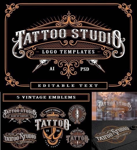 Set of vintage tattoo studio logos | Free download Tattoo Logo Ideas, Tattoo Studio Logo, Tattoo Logo Design, Tattoo Shop Ideas, Cosmic Tattoo, Tattoo Studio Design, Design Your Own Tattoo, Tattoo Logo, Aesthetic Tattoos For Men