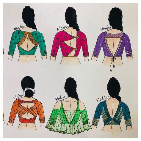 727 Likes, 3 Comments - Mabia boutique (@mabia_mb) on Instagram: “Showcasing our vivid collection of colorful handworked cum pattern blouses!!! We are here to…” Blouse Sketch Design, Blouse Design Sketch, Blouse Illustration, Aari Blouses, Blouse Drawing, Pattern Blouses, Lace Blouse Design, Blouse Necklines, Fancy Short Dresses