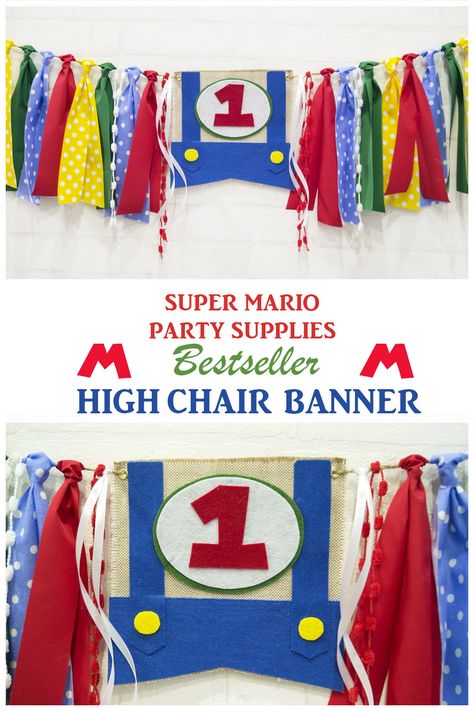 This Super Mario high chair banner will be a great addition to your 1st birthday party decorations. Celebrate your loved one's first birthday with this Mario Bros themed banner. ① Handmade felt applications; ① Brightcoloured rag tie garland; ① Twine jute for secure hanging; Mario Bros First Birthday, Super Mario First Birthday, Mario Kart First Birthday, Super Mario 1st Birthday Party, Mario 1st Birthday Party, Super Mario First Birthday Party, Mario First Birthday Party, Mario 1st Birthday, Mario First Birthday