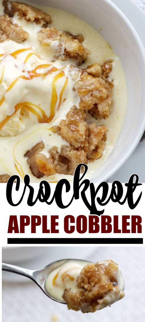 Crockpot Apple Cobbler is made in your favorite slow cooker using a box of cake mix and apple pie filling! #cakemix #doctoredcakemix #cobbler #applecobbler #crockpotdessert #crockpotapplecobbler #falldessert #apples #applepiefilling #amandascookin Crock Pot Apple Cobbler, Crockpot Apple Cobbler, Apple Recipes Crockpot, Cobbler Apple, Slow Cooker Apple Cobbler, Crockpot Peach Cobbler, Crockpot Apple, Apple Cobbler Recipe, Crockpot Dessert Recipes