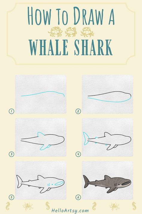 Step by step images demonstrating how to draw a Whale Shark Drawing - A Drawing Tutorial for Kids! Whale Shark Pictures, Whale Shark Drawing Reference, Whale Shark Drawing Cute, Wale Sharks Drawing, Whale Shark Simple Drawing, Drawing Whale Shark, How To Draw A Whale Shark, Whale Sharks Drawing, Whale Shark Craft