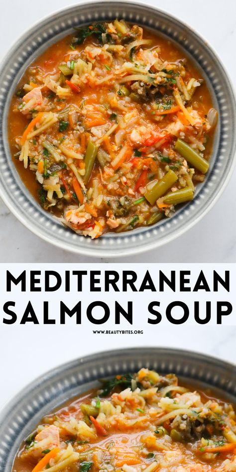 This is a simple Mediterranean salmon soup recipe that will warm you up and keep you healthy. Packed with a lot of different vegetables and healthy salmon this delicious easy soup is good for your soul and your body. Soup Toppings, Salmon Lentils, Clean Eating Salmon, Mediterranean Soup, Salmon Soup, Mediterranean Salmon, Best Fish Recipes, Lemon Soup, Comfort Soup Recipes