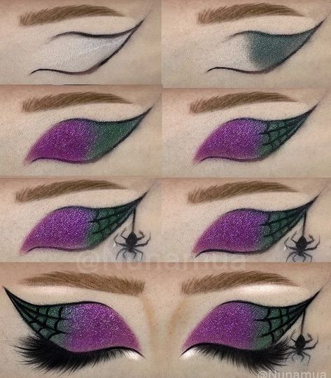 Spooky Makeup Looks Easy, Make Up Looks Halloween, Easy Halloween Make Up Look, Beetlejuice Eyeshadow, Spooky Eye Makeup, Halloween Eyeshadow Looks, Halloween Eye Looks, Cute Halloween Makeup Looks, Halloween Eye Makeup Looks