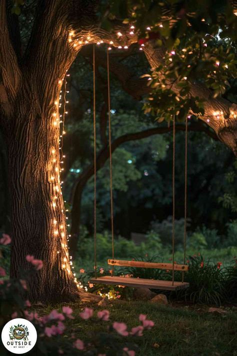 Swings In Trees Backyards, Big Tree In Backyard, Hanging Tree Lights Outdoor, Bench Under A Tree, Under Tree Seating Area, Lights From Trees, Tree Swing Ideas, Tree Swings Diy, Arthur Spiderwick