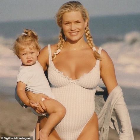 Model mom: The now 56-year-old is seen here with a young Gigi during her modeling days... Yolanda Hadid Young, Young Gigi Hadid, Yolanda Foster, Yolanda Hadid, Toned Tummy, Hadid Sisters, Modeling Career, Gigi Hadid, Looks Vintage