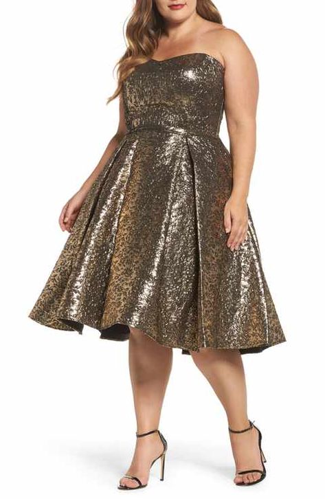 Mac Duggal Metallic Fit & Flare Dress (Plus Size) Dress Ideas For Wedding Guest, Cocktail Dress Accessories, 40th Birthday Outfit Ideas, 40th Birthday Outfit, Dresses Banquet, Birthday Dresses Ideas, Plus Size Formal Wear, Plus Size Couture, Dress Ideas For Wedding