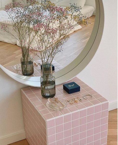 Danish Eclectic, Pastel Apartment, Tile Tables, Danish Pastel Room, Cube Side Table, Tile Furniture, Plant Goals, Pastel Room Decor, Room Vibes