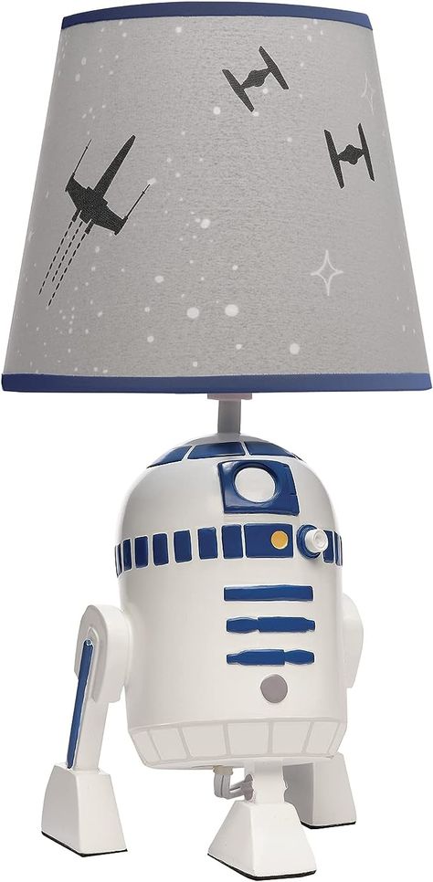 Handpainted R2D2 lamp #starwarshome #starwarsdecor #R2D2 Hand Painted Lamp, Painted Lamp, Star Wars Nursery, Lambs & Ivy, Painting Lamps, Dinosaur Plush, Elephant Plush, R2 D2, Star Wars Baby