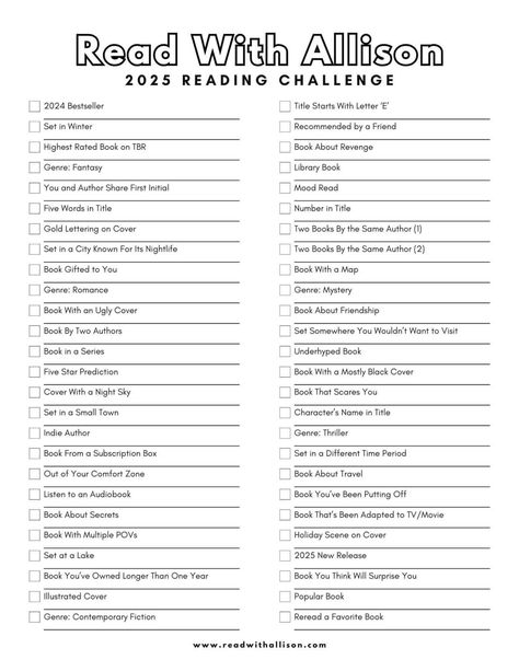 Read With Allison's 2025 Reading Challenge - Read With Allison 2025 Reading List, 2025 Book Challenge, 2025 Reading Challenge, Tbr Prompts, Reading Challenge Template, 2025 Challenge, 2025 Planner, Book Review Template, Tbr List