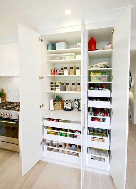 Kitchens By Emanuel - Hamptons Kitchens Pantry Wall Ideas, Wall Pantry Ideas, Storage Ideas Pantry, Pantry Storage Ideas, Organization Ideas Pantry, Wall Pantry, Pantry Shelving Ideas, Hamptons Kitchen, Pantry Organization Ideas