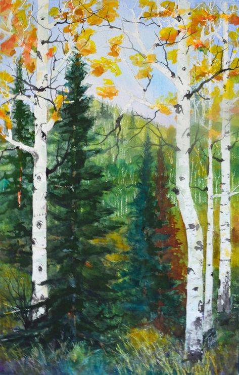 Aspen Watercolor Painting, Aspen Trees Painting Tutorial, Colorado Watercolor Painting, Aspen Watercolor, Watercolor Aspens, Aspen Painting, Aspen Tree Painting Acrylic, Aspen Trees Tattoo, Fall Aspen Trees