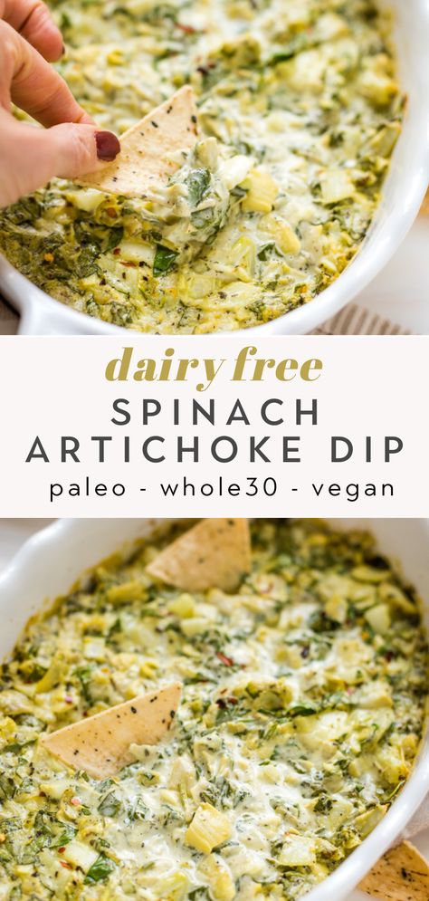 Spinach Artichoke Dip is so delicious and creamy, you won't even know it's dairy free! Made with healthy ingredients, this cheesy flavored appetizer dip is so addicting, everyone will be coming back for more. Serve with grain-free tortilla chips or crackers. Paleo, Whole30, and Keto too! Healthy Spinach Artichoke Dip, Dairy Free Dips, Dairy Free Appetizers, Spinach Artichoke Dip Recipe, Dairy Free Recipes Dinner, Dairy Free Dinner, Spinach Artichoke Dip, Gluten Free Dairy Free Recipes, Buffalo Chicken Dip