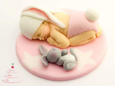 Fondant baby bunny cake topper baby shower by GabisSugarArt Baby Christening Cakes, Bunny Cake Topper, Minnie Mouse Cake Topper, Baby Mold, Fondant Baby, Baby Rabbit, Baby Cake Topper, Fondant Cake Topper