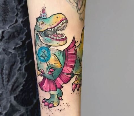 Women Dinosaur Tattoo, Thigh Dinosaur Tattoo, Dinosaur Sleeve Tattoos For Women, Galaxy Dinosaur Tattoo, Dinosaur Unicorn Tattoo, Rex Tattoo, T Rex Tattoo, Character Tattoos, 100 Tattoo