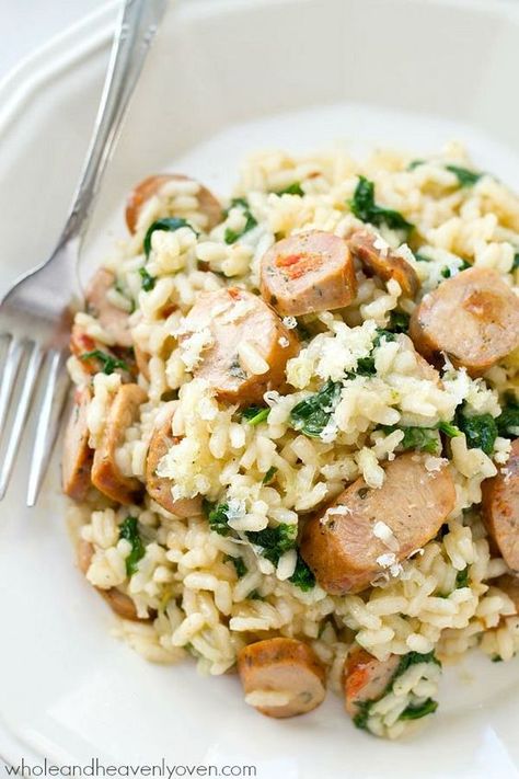 Creamy parmesan risotto loaded with plenty of sausage and kale, and made in one pot in only 30 minutes! | @WholeHeavenly Elk Sausage, Sausage Risotto, Sausage And Kale, Sausage Kale, Parmesan Risotto, Creamy Parmesan, Healthy Slow Cooker, Slow Cooker Recipes Healthy, Easy Slow Cooker Recipes