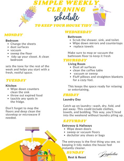 Simple Weekly Cleaning Schedule to Keep Your House Tidy  Tackle housework one room at a time! 🧹 Monday: Bedroom 🛏️, Tuesday: Kitchen 🍴, Wednesday: Bathroom 🚿, Thursday: Living Room 🛋️, Friday: Laundry Day 🧺, Saturday: Entryway & Hallways 🚪, and Sunday: Rest & Reset ☕. A little each day keeps things tidy all week! 🙌  #CleaningSchedule #HomeOrganization #TidyHome #CleaningRoutine #HouseCleaning #OrganizedLiving #SimpleLiving #WeeklyCleaning 1950s Cleaning Routine, Sahm Schedule Daily Routines Clean House, Clean House In One Hour, Bedroom Cleaning Schedule, Sunday Reset Cleaning, Saturday Chores, Monday Schedule, Housework Schedule, How To Deep Clean Your House