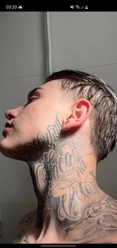 Cheek Tattoo Men, Patchwork Neck Tattoo, Chin Tattoo Men, Big Neck Tattoo, Neck Tattoo Sketches, Throat Tattoos For Men, Face Tattoos Men, Back Neck Tattoo Men, Jawline Tattoo