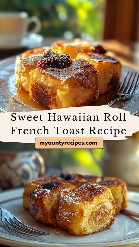 This Sweet Hawaiian Roll French Toast Recipe takes classic French toast to the next level by using soft, sweet Hawaiian rolls! Each roll is soaked in a cinnamon-spiced egg mixture, then fried to golden perfection, resulting in a sweet, pillowy breakfast treat. Serve with fresh fruit, maple syrup, or a dusting of powdered sugar for a tropical twist on your favorite breakfast. Easy Hawaiian Rolls Recipe, Custard French Toast Recipe, Hawaiian Roll French Toast, Recipes With Hawaiian Rolls, Sweet Hawaiian Rolls, Fluffy French Toast, Easy Custard, Baked French Toast Casserole, Easy French Toast Recipe