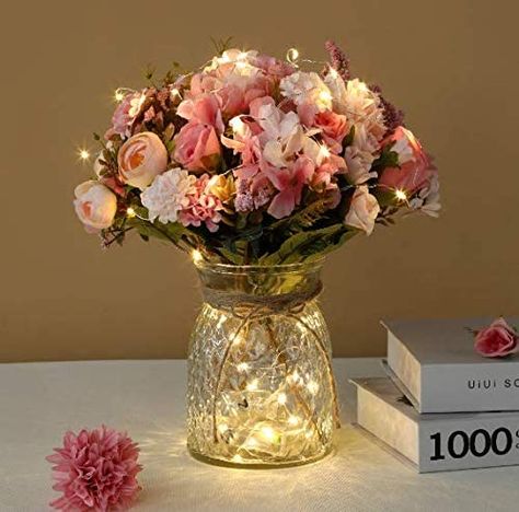 Amazon.com: Artificial LED Pink Rose Flowers with Glass Vase, Flower Arrangement for Table Centerpiece, Home Office Wedding Decoration : Home & Kitchen Centerpieces Quinceanera, Pink Centerpieces, Centerpiece Home, Quince Decorations, Looks Country, Diy Wedding Bouquet, Pink Rose Flower, Vase Flower, Flower Arrangements Diy