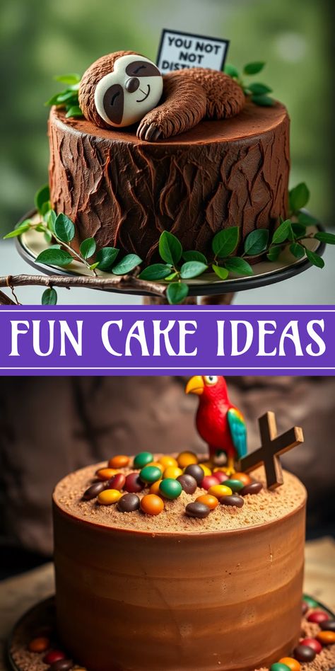 Explore these 31 funny and easy cake ideas including unique designs like a sleepy sloth and pirate-themed treasures. Images show fun cakes that will make celebrations memorable. Cute Animal Cakes, Funny Cake Ideas, Cake Ideas Decorating, Fun Cake Ideas, Creative Cake Designs, Baking Cakes Ideas, Creative Cake Ideas, Blue Frosting, Jungle Cake