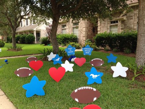 Homecoming yard decor for blue & white themed school from www.Flamingos2Go.com. High School Homecoming, School Yard, Yard Ideas, Yard Decor, Homecoming, Image Search, High School, Blue White, Blue And White