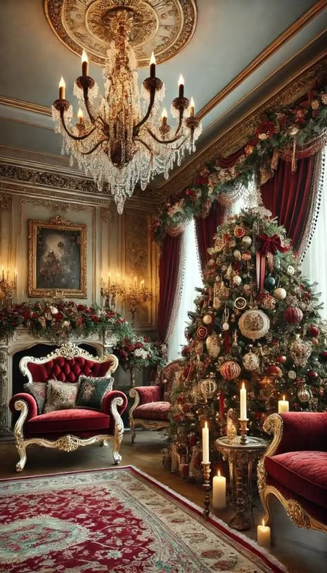 Victorian Living Room Christmas, Victorian House Christmas Decorations, Ornate Christmas Tree, Victorian Era Christmas Aesthetic, Red Victorian Aesthetic, Luxury Christmas Aesthetic, Victorian House Christmas, Victorian Christmas Aesthetic, Victorian Christmas Decor