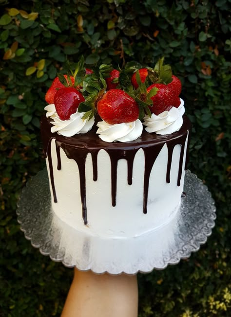 Drip Cake Strawberry, Dark Chocolate Cake With Strawberries, Small Drip Cake, White Cake Chocolate Drip, Simple Drip Cake, Strawberry Drip Cake, Chocolate Covered Strawberries Cake, Strawberry Cake Decorations, Strawberry Chocolate Cake