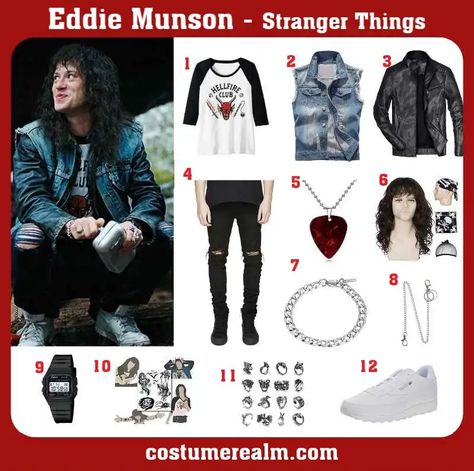 How To Dress Like Eddie Munson Costume Guide For Cosplay & Halloween Halloween Eddie Munson, Stranger Things Dress Up Ideas, Argyle Stranger Things Costume, Stranger Things Costume Season 4, Stranger Things Cosplay Ideas, Eddie Stranger Things Costume, Eddie Munson Clothes, Eddie Halloween Costume, Eddie Munson Outfit Ideas