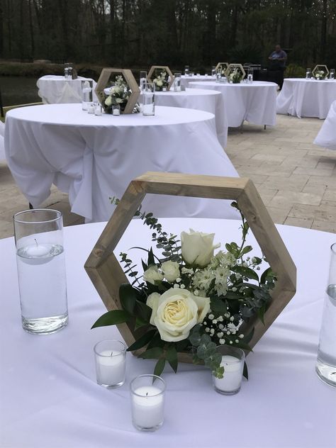 Octogon Centerpieces Wedding, Hexagon Centerpiece With Flowers, Wooden Hexagon Wedding Centerpieces, Octagon Wedding Centerpieces, Wooden Hexagon Centerpiece, Hexagon Centerpiece Wedding, Hexagon Table Centerpieces, Wood Hexagon Centerpiece, Hexagon Centerpiece Wedding Inspiration