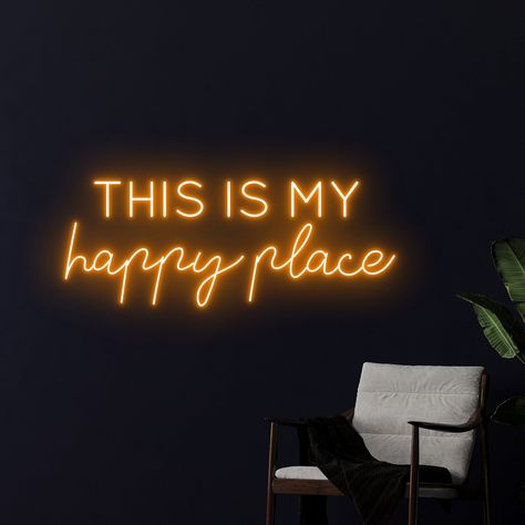 #NeonSigns #BrightIdeas #NeonSignNames #NeonInspiration #NeonRoom #RoomDecor This Is My Happy Place Neon Sign, Cool Neon Signs, Neon Signs Quotes, Sign Fonts, Wall Art Light, Business Mission, Neon Signage, Catchy Names, Light Font