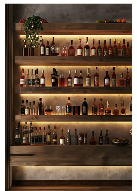 Bar Decor Ideas Restaurant, Cocktail Bar Shelves, Bar Shelf Lighting Ideas, Bar In Apartment Ideas, Walk Up Bar Ideas, Whisky Decoration, Back Bar Design Restaurant, Indoor Bars For Home, Bar Ideas For Restaurants