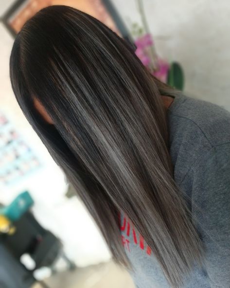 Black With Grey Balayage, Grey Balayage Straight Hair, Gray To Black Ombre Hair, Black Grey Ombre Hair, Gray Black Ombre Hair, Grey Ombre Hair, Gray Balayage, Balayage Straight Hair, Mushroom Hair