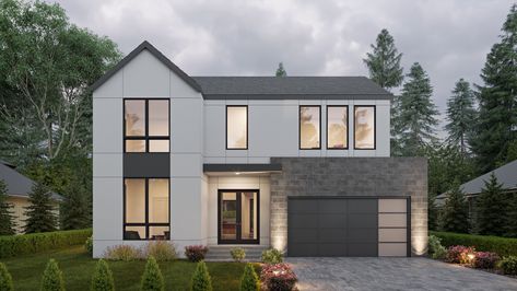 Our House Plan Collections - Direct From The Designers™ Balcony On Top Of Garage, Two Story House Plan With Main Floor Master, Contemporary Two Story House Exterior, Modern Mansion House Plans, Modern Two Story Homes, Random Architecture, Contemporary Style House, Minimal House, Town Houses