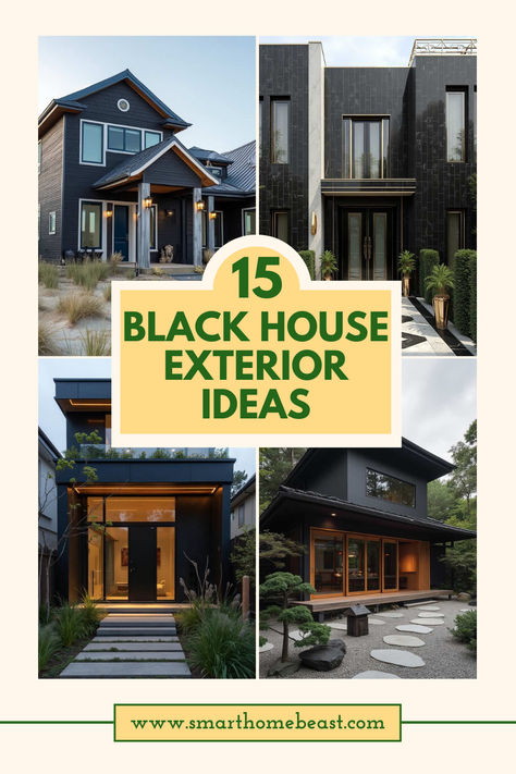 An image showcasing a curated selection of black house exterior ideas, featuring diverse architectural styles such as modern minimalist, rustic charm, and luxurious Art Deco influences. Modern Home Exterior Ideas, Black House Exterior Farmhouse, Grey And Black Exterior House, Best Black Exterior Paint Colors, Exterior House Colors Dark, Black Houses Exterior, Black Exterior House, All Black House Exterior, Grey Home Exterior